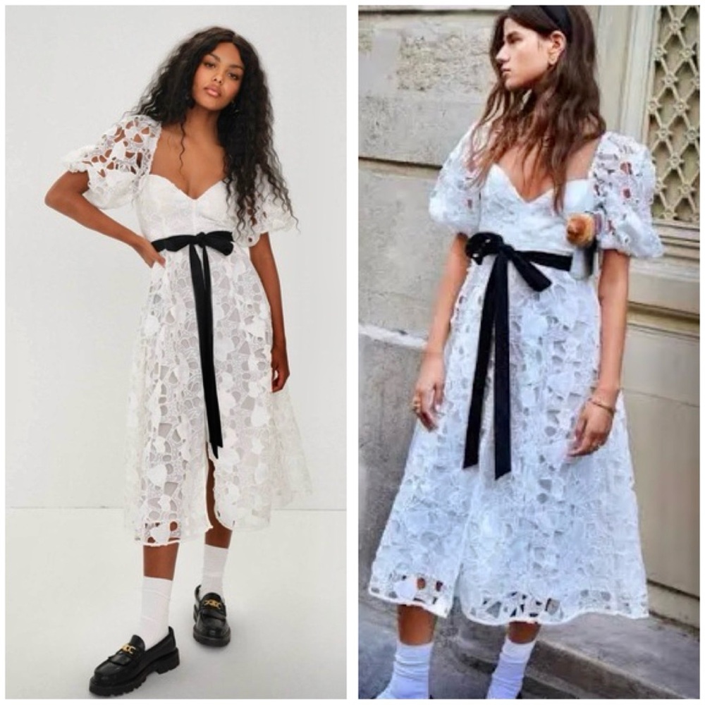 For Love And Lemons White Lace Midi Dress with Black Waist Tie